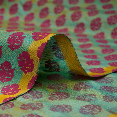 Blue-Yellow Floral Motif Pattern Screen Print Dupion Silk Fabric