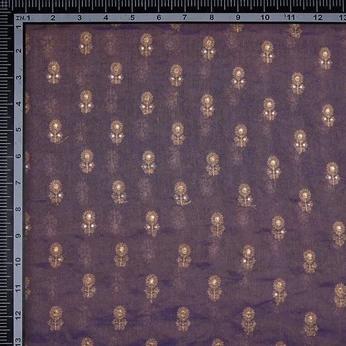 Purple-Gold Booti Pattern Thread & Sequin Embroidered Tissue Chanderi Fabric