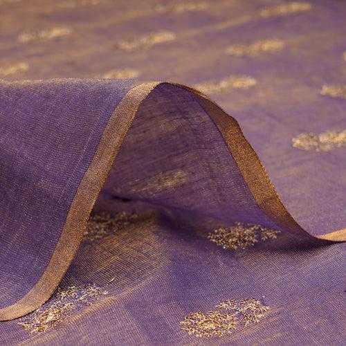 Purple-Gold Booti Pattern Thread & Sequin Embroidered Tissue Chanderi Fabric