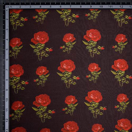 Deep Brown Floral Pattern Digital Print-Chanderi Fabric