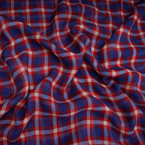 Blue-Red Check Pattern Digital Print Chiffon Silk Fabric