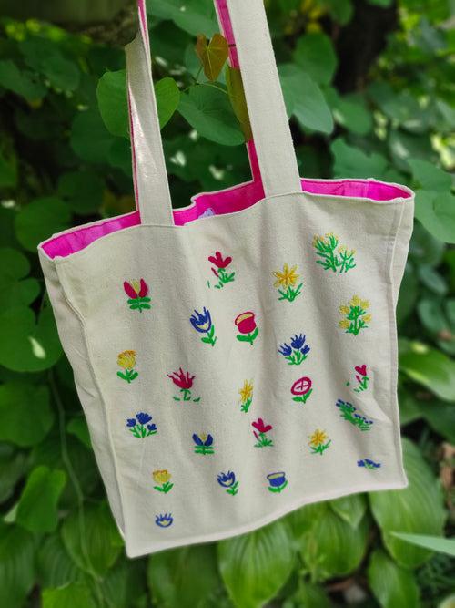 Gul-e-lal - Hand-embroidered Floral Shoulder Bag in Dusoot Cotton with Lining