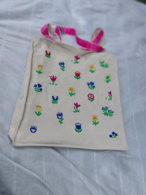 Gul-e-lal - Hand-embroidered Floral Shoulder Bag in Dusoot Cotton with Lining