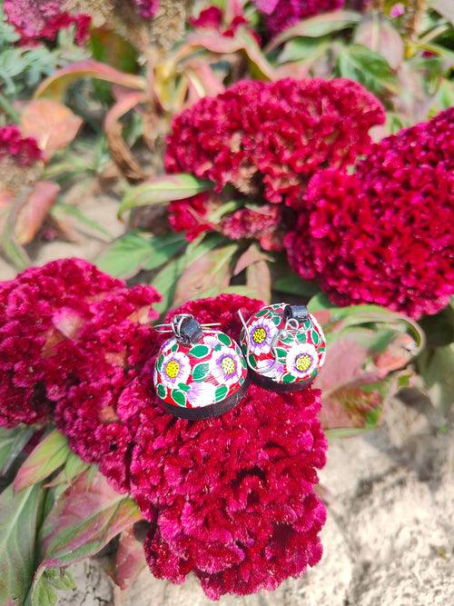 Papier Mache - Black & Red Floral  Earring