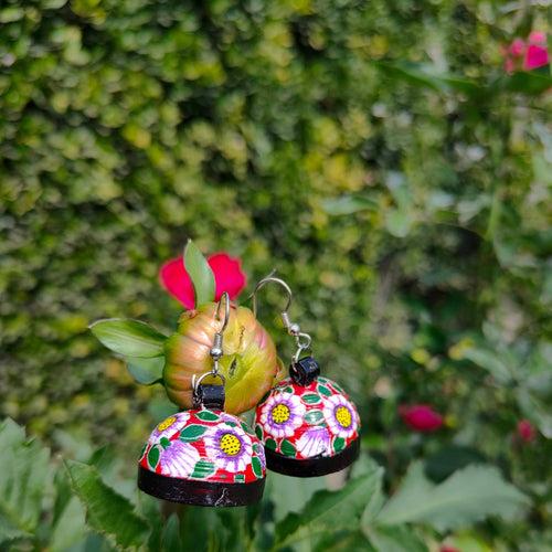 Papier Mache - Black & Red Floral  Earring