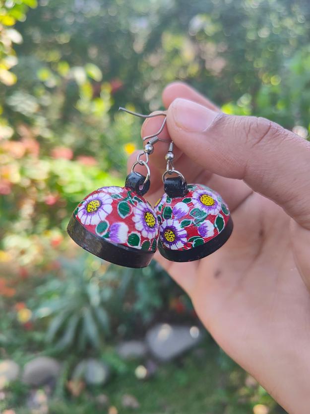 Papier Mache - Black & Red Floral  Earring