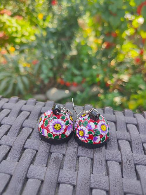 Papier Mache - Black & Red Floral  Earring