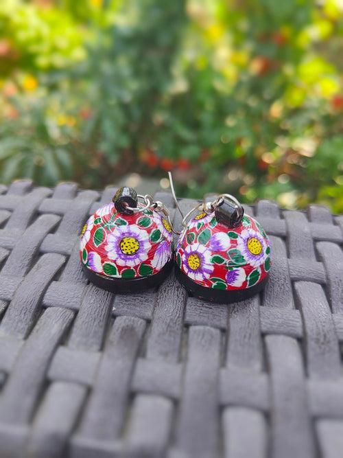 Papier Mache - Black & Red Floral  Earring