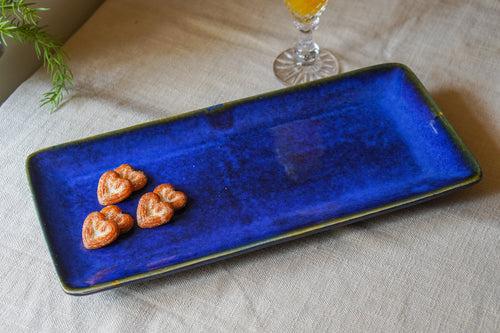 Rectangular blue ceramic serving platter