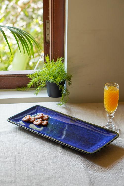 Rectangular blue ceramic serving platter