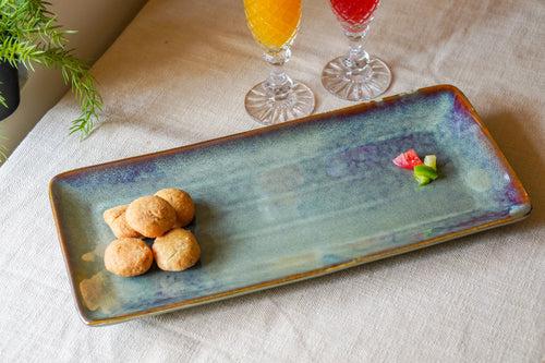 Rectangular blue ceramic serving platter