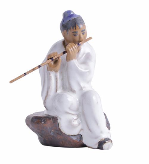 Man in white with flute bonsai miniature figurine