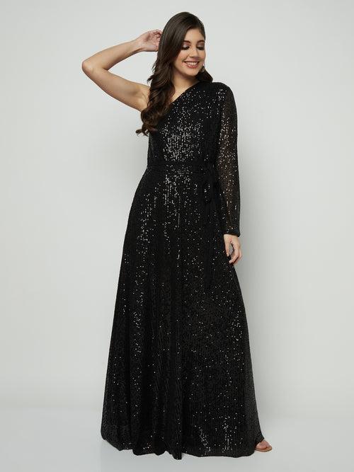 OFF SHOULDER BLACK ON BLACK SEQUIN GOWN