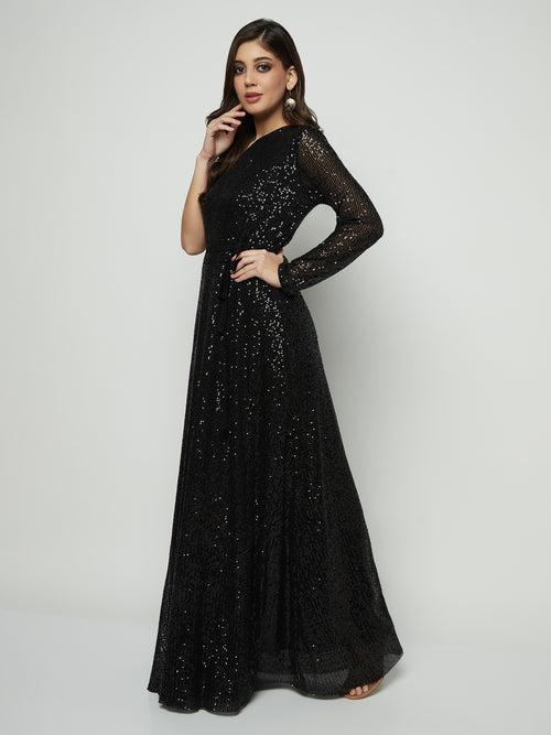 OFF SHOULDER BLACK ON BLACK SEQUIN GOWN