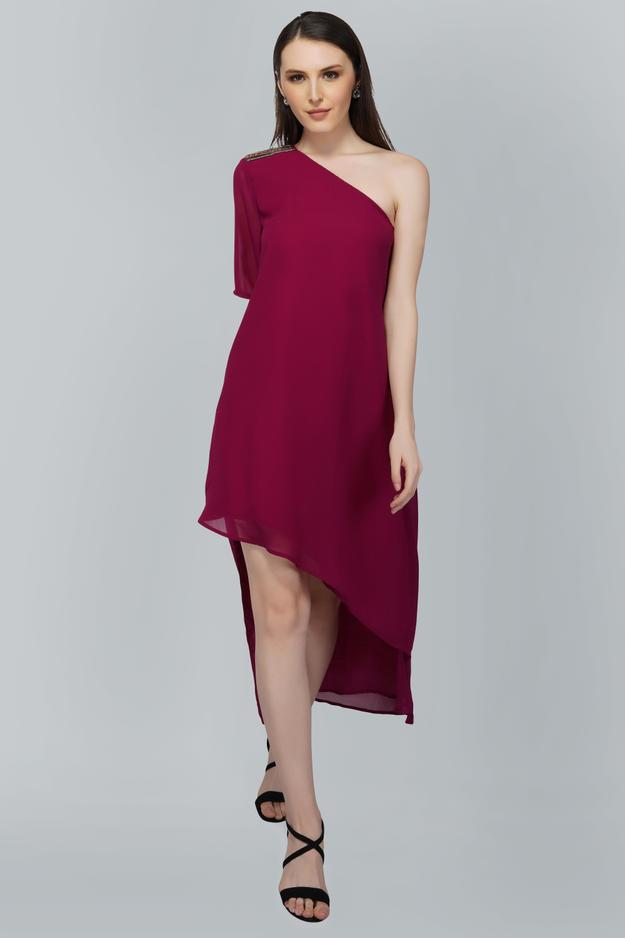 Magenta Skewed Hem, Off Shoulder Wine Dress