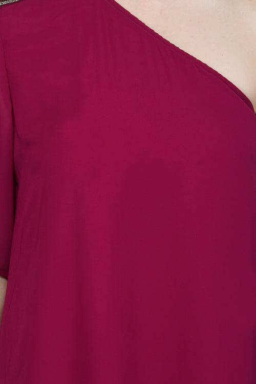 Magenta Skewed Hem, Off Shoulder Wine Dress