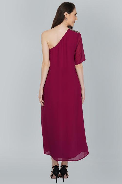 Magenta Skewed Hem, Off Shoulder Wine Dress