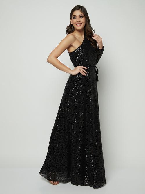 OFF SHOULDER BLACK ON BLACK SEQUIN GOWN