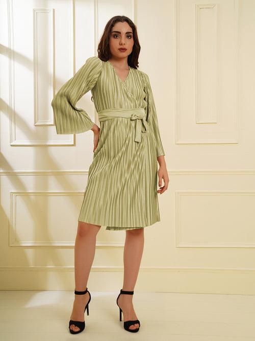 Pleated Light Green Wrap Knit Dress