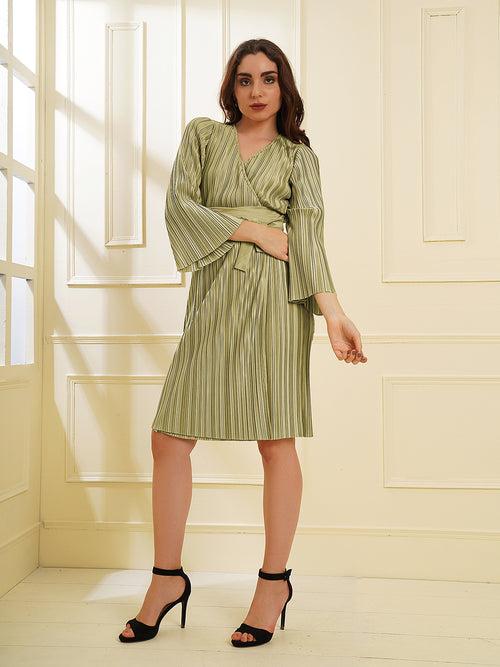 Pleated Light Green Wrap Knit Dress