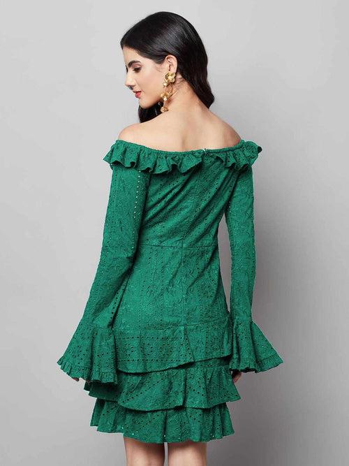 Regal Ruffle Noir Green Dress - Green