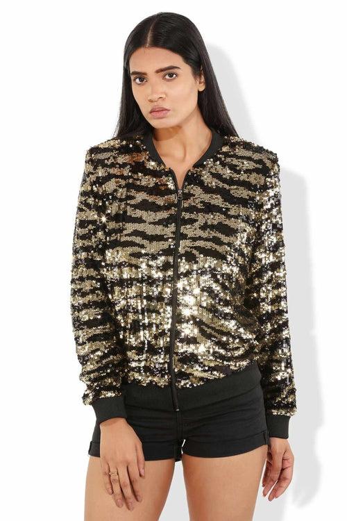 Gold Sequined Tulle Tiger Print Bomber Jacket