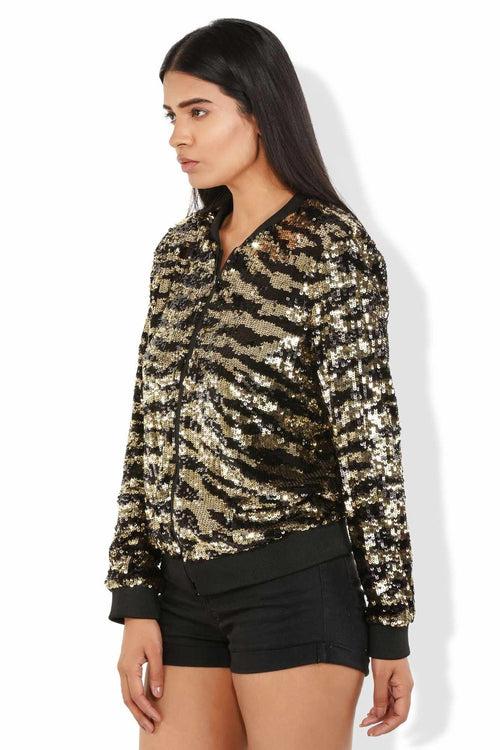 Gold Sequined Tulle Tiger Print Bomber Jacket