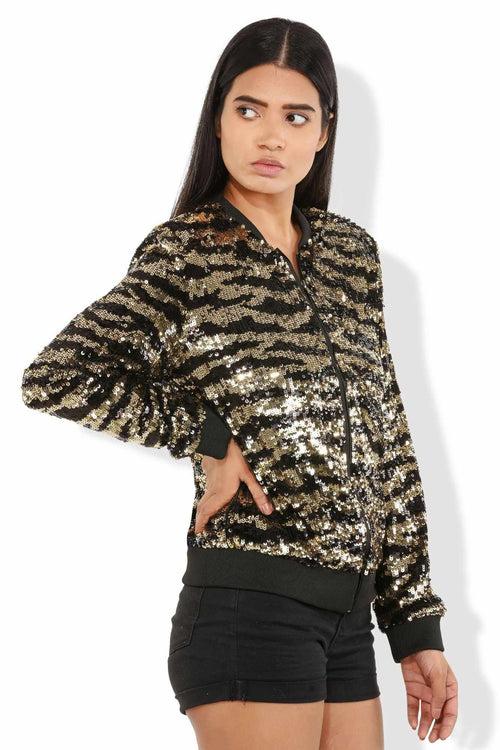 Gold Sequined Tulle Tiger Print Bomber Jacket