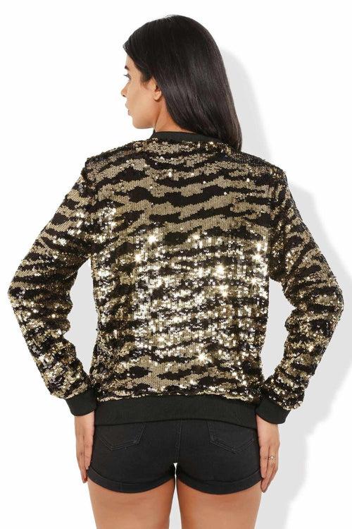 Gold Sequined Tulle Tiger Print Bomber Jacket