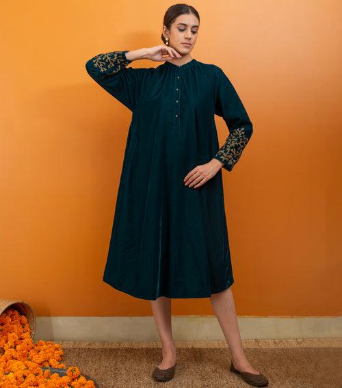 Emerald Green Zari Hand Embroidered Velvet Dress