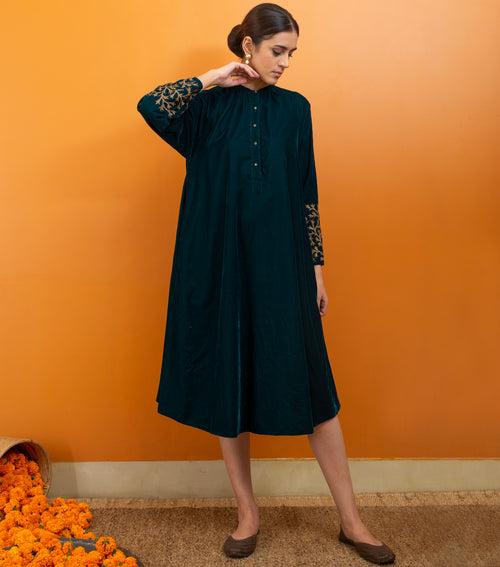 Emerald Green Zari Hand Embroidered Velvet Dress