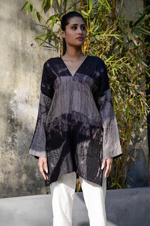 PURE SILK SHIBORI DYED TUNIC WITH STITCH DETAILING