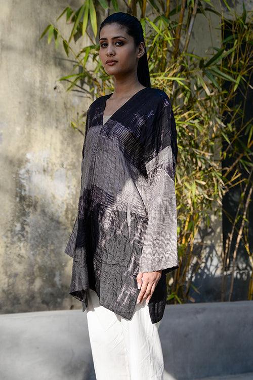 PURE SILK SHIBORI DYED TUNIC WITH STITCH DETAILING