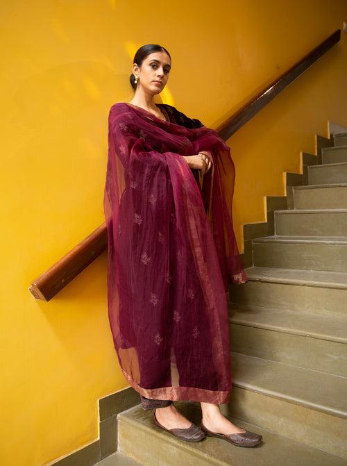 Plum Hand Embroidered Velvet Suit set