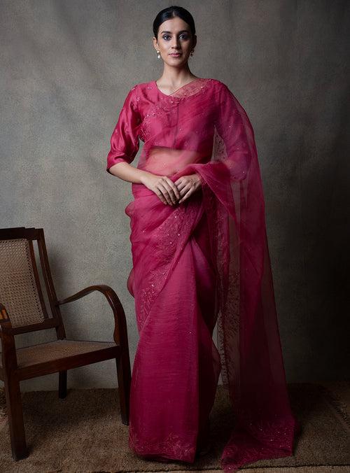 Rose Pink Hand Embroidered Organza Saree