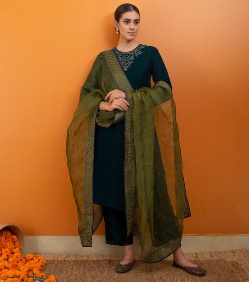 Green Embroidered Velvet Suit Set