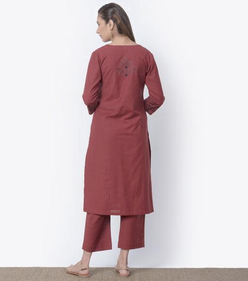 Brick Red Embroidered Cotton Suit Set