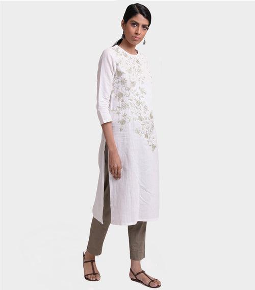 White linen zari embroidered kurta