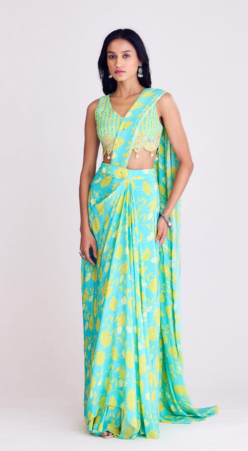 Firozi Printed & Embroidered Saree