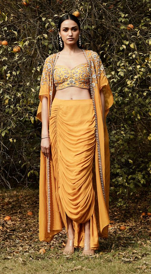 Orange Draped Dhoti & Cape Set