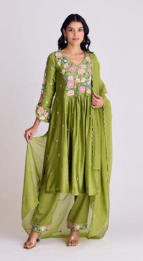 Green Embroidered Suit Set