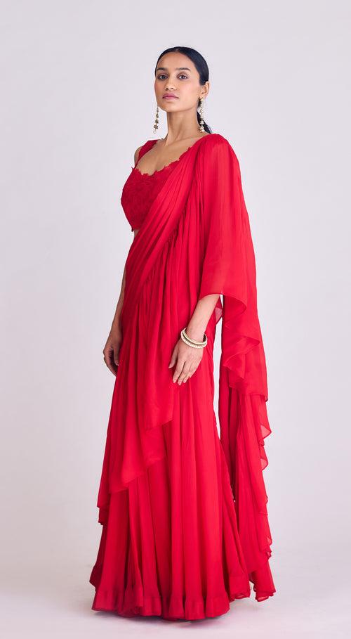 Red Pre-Draped Saree