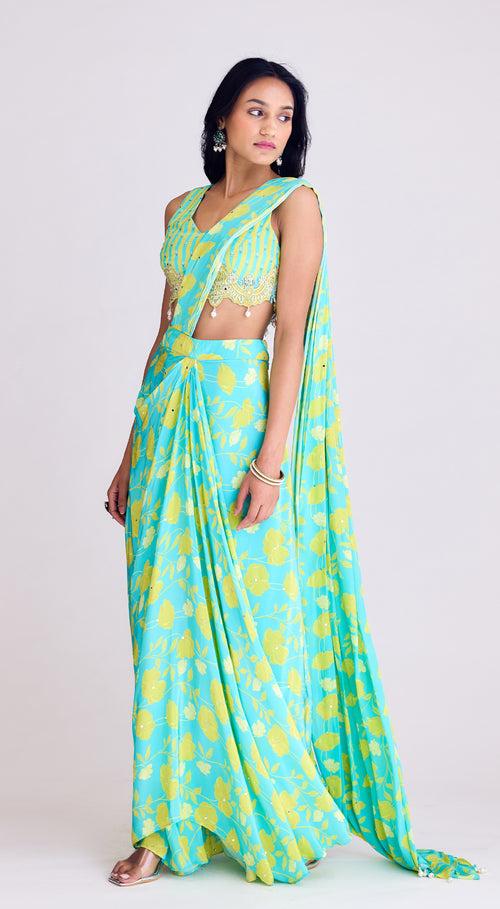 Firozi Printed & Embroidered Saree