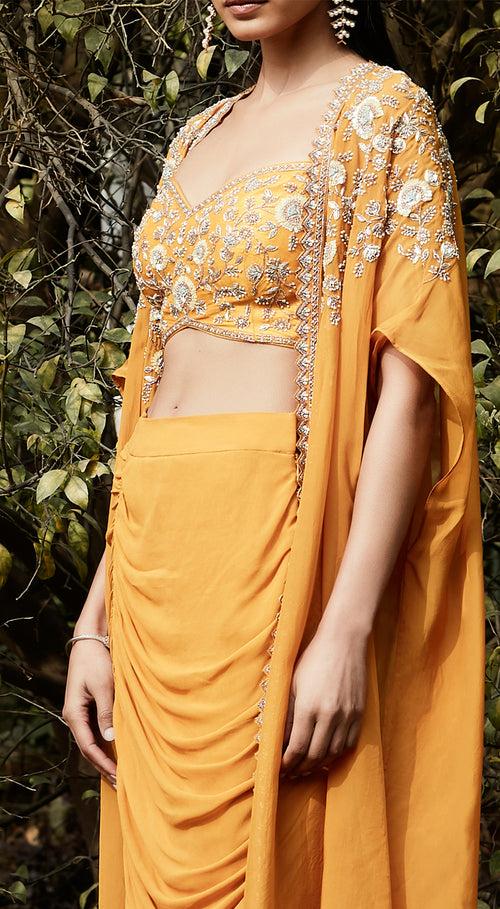 Orange Draped Dhoti & Cape Set