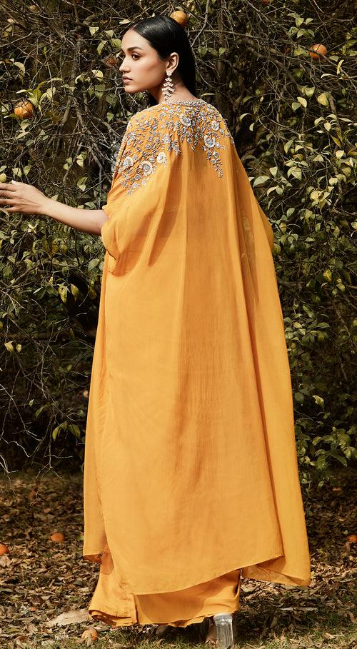 Orange Draped Dhoti & Cape Set