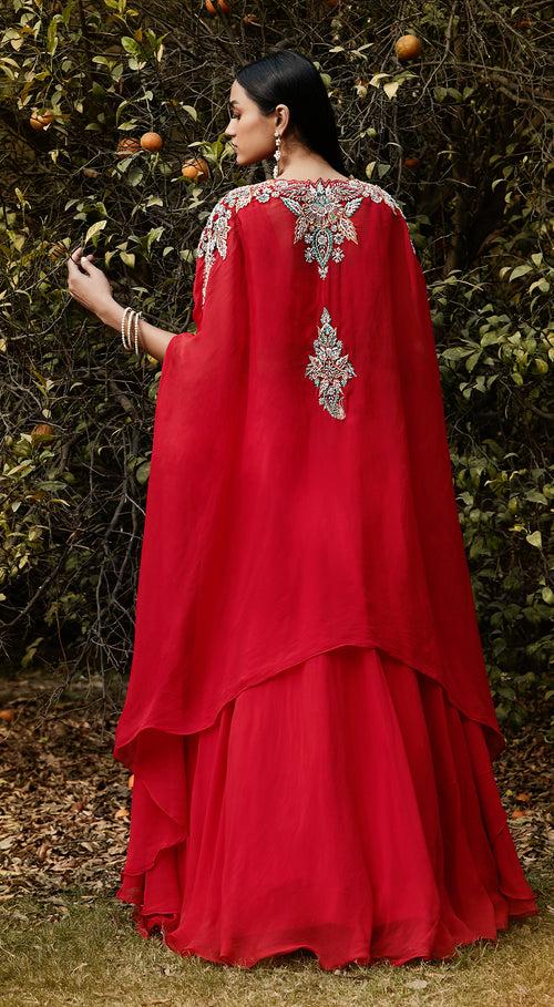 Red Embroidered Cape Set