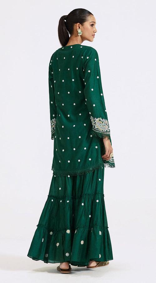 Bottle Green Embroidered Kurta And Sharara Set