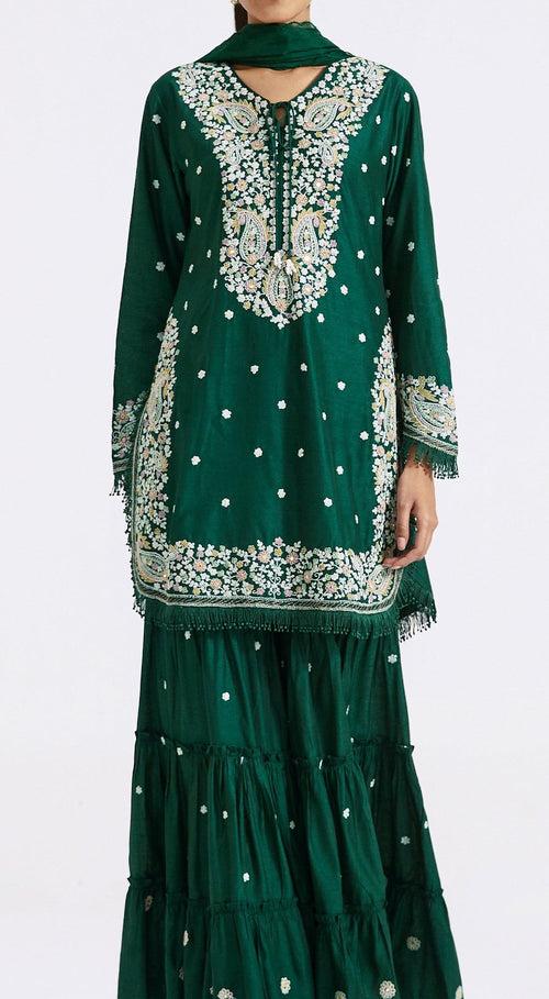 Bottle Green Embroidered Kurta And Sharara Set