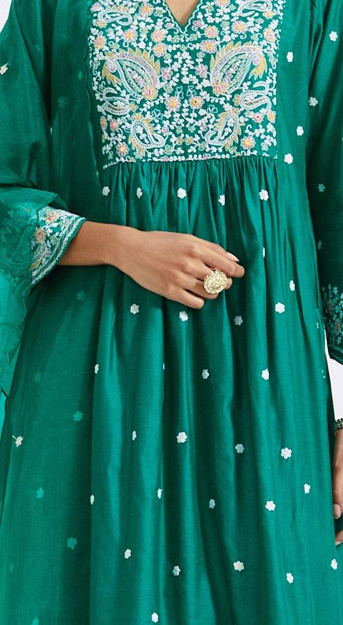 Bottle Green Embroidered Kurta And Sharara Set