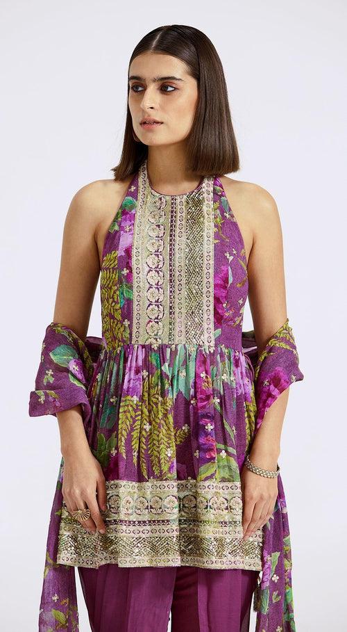 Purple Printed Peplum Kurta And Dhoti Set